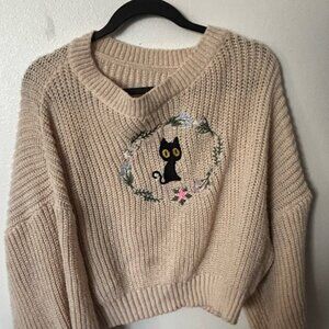 SHEIN Cream Sweater with Black Cat Embroidery